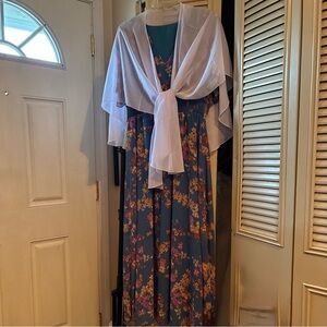 Almost new bundle Blue/green Floral Maxi Dress with White Sheer Shawl size 2XL
